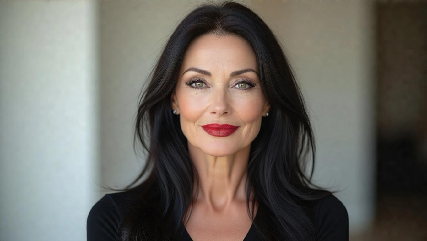 Mature woman looks younger with smooth shiny black hair. Skin has slight wrinkles. Sophisticated makeup with dark eyes and red lipstick. Wearing a tight black top. Sweet confident smiling expression. Blurred background emphasizes her face. Aesthetic and glamorous look.