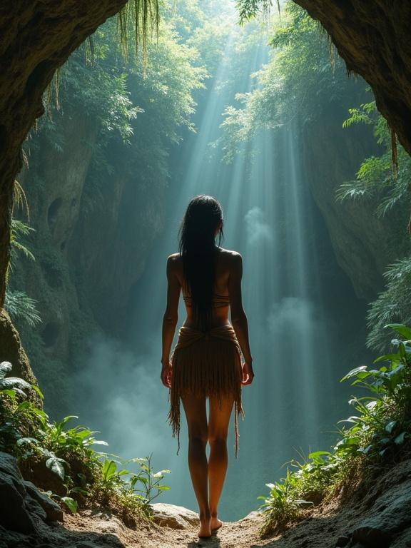 A chieftess stands before an underground cavern. She has sun-bronzed skin and a tattered leather loincloth. Mist drifts around her feet. Light beams shine through the jungle canopy. Her posture is powerful. She gazes into the cave with ancient wisdom.