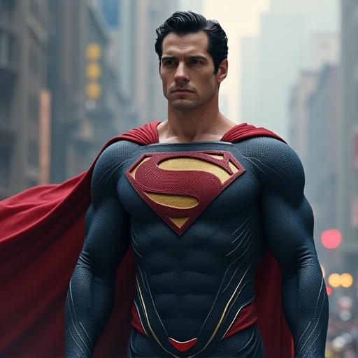 Superman stands tall in an urban environment. He wears his iconic costume with a red cape. The heroic pose showcases strength and confidence. Background shows a cityscape. Bright lighting highlights the character.
