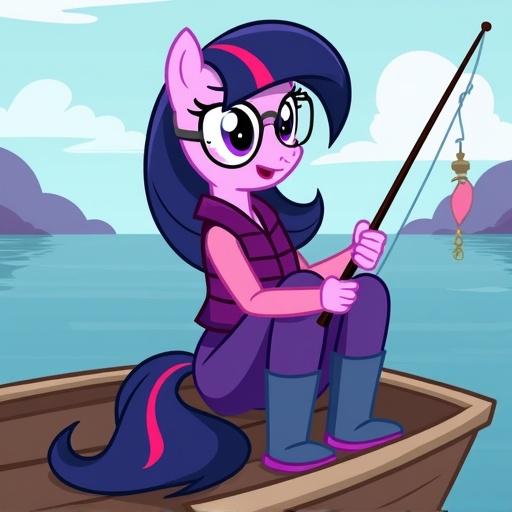 Twilight Sparkle, a stylized character, sitting on a fishing boat. She is wearing a purple life jacket and has navy-blue hair with a pink and purple stripe. The setting includes a calm body of water and gentle hills in the background.