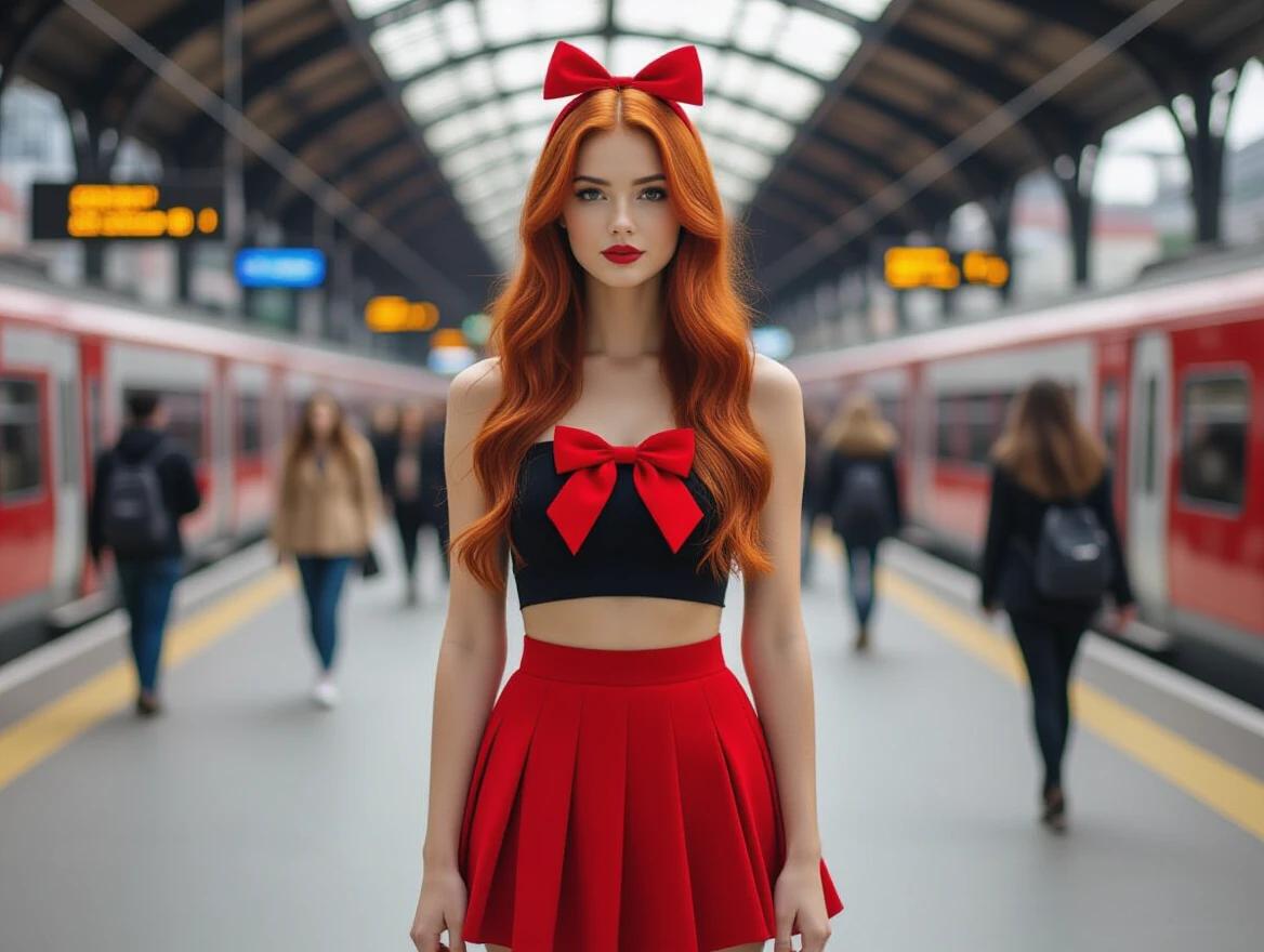 Young woman with long red hair and red bows. Wearing a micro skirt and top. Background features a train station with people. Bright red colors and youthful vibe. Cellphone photo aesthetic. Low resolution with soft edges.