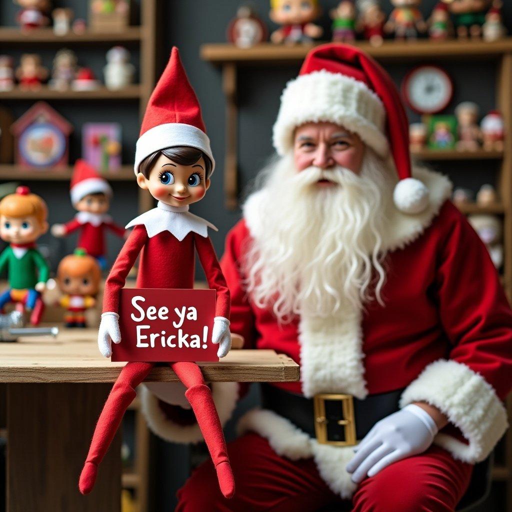 Elf on the shelf holds a sign with a message in a toy workshop. Santa is present with a festive atmosphere. Funko Pops figures are being made in the background.