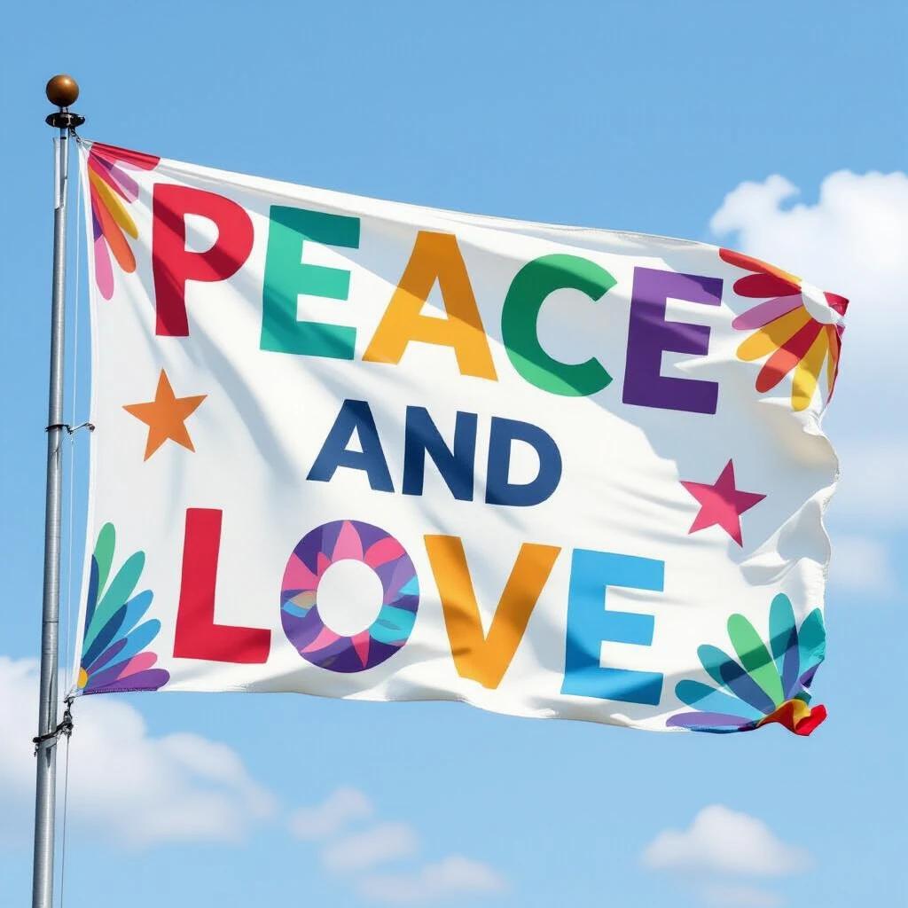 A banner with the words peace and love. The banner is flying in the wind. It has a colorful design with bright letters. The background features a blue sky with some clouds.