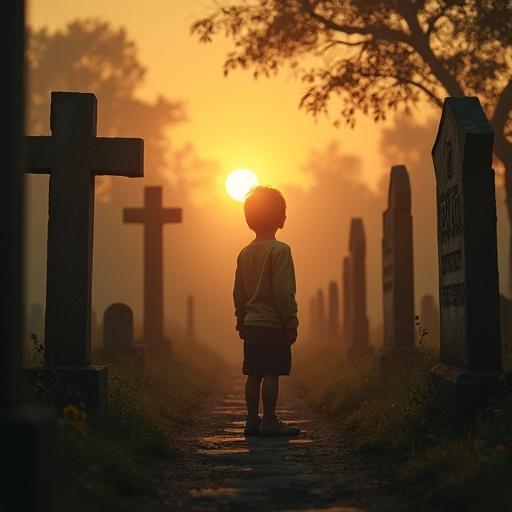 A child stands alone in a graveyard. The setting sun casts a golden light. The atmosphere is cinematic and reflective.