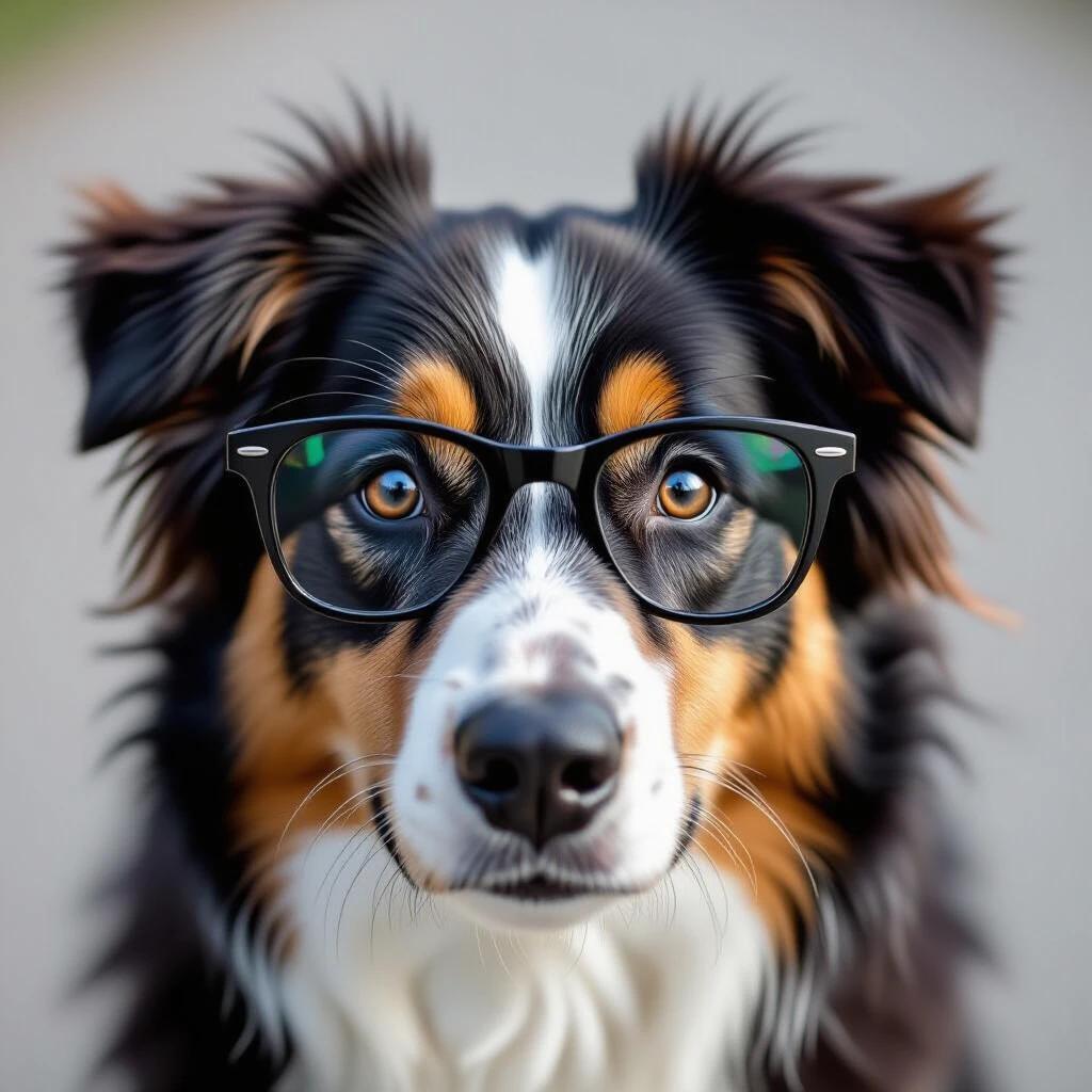 A dog wearing glasses looking straight at the camera. The dog has a fluffy coat with brown and black colors and expressive eyes. The background is softly blurred.
