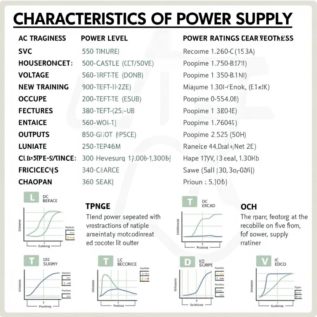 Detailed specifications for power supply. Includes power levels, ratings, and characteristics.