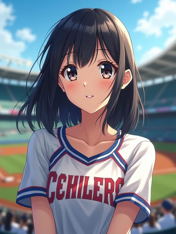 Realistic depiction of a high school cheerleader. Cheerleader in uniform cheering at a baseball stadium. Glamorous Japanese high school girl has straight black hair. Shiny semi-long hair complimenting her cheerleading uniform. Cheerleader standing confidently in the stands.