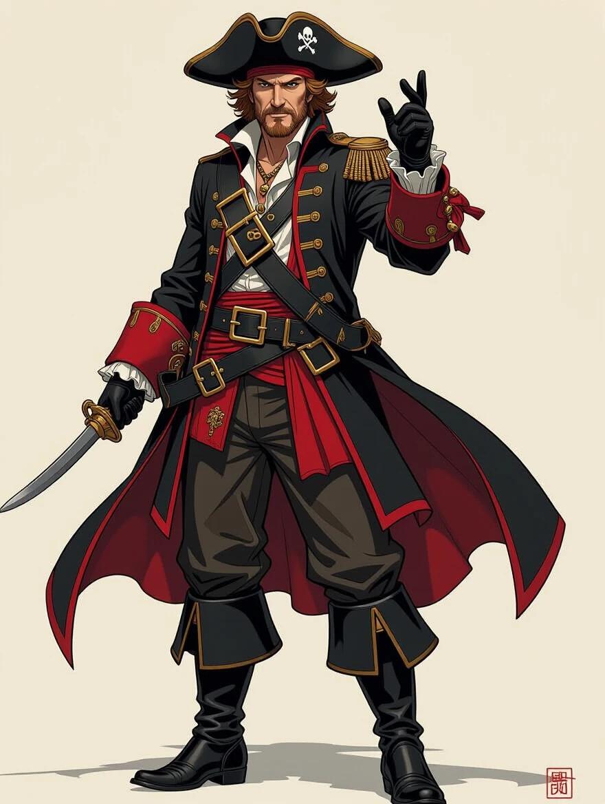Character dressed as a pirate with a black hat and a sword. Costume features black and crimson colors with golden accents. Styled in the manner of Akihiko Yoshida without a background.