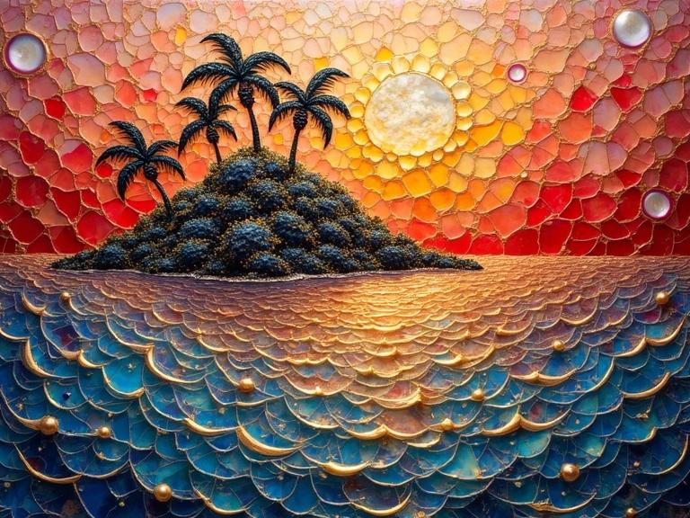 A 3D artwork of a tropical island surrounded by a rolling red sea under a radiant sun. The piece showcases iridescent colors and intricate gold details, creating a fantastical and ethereal scene.