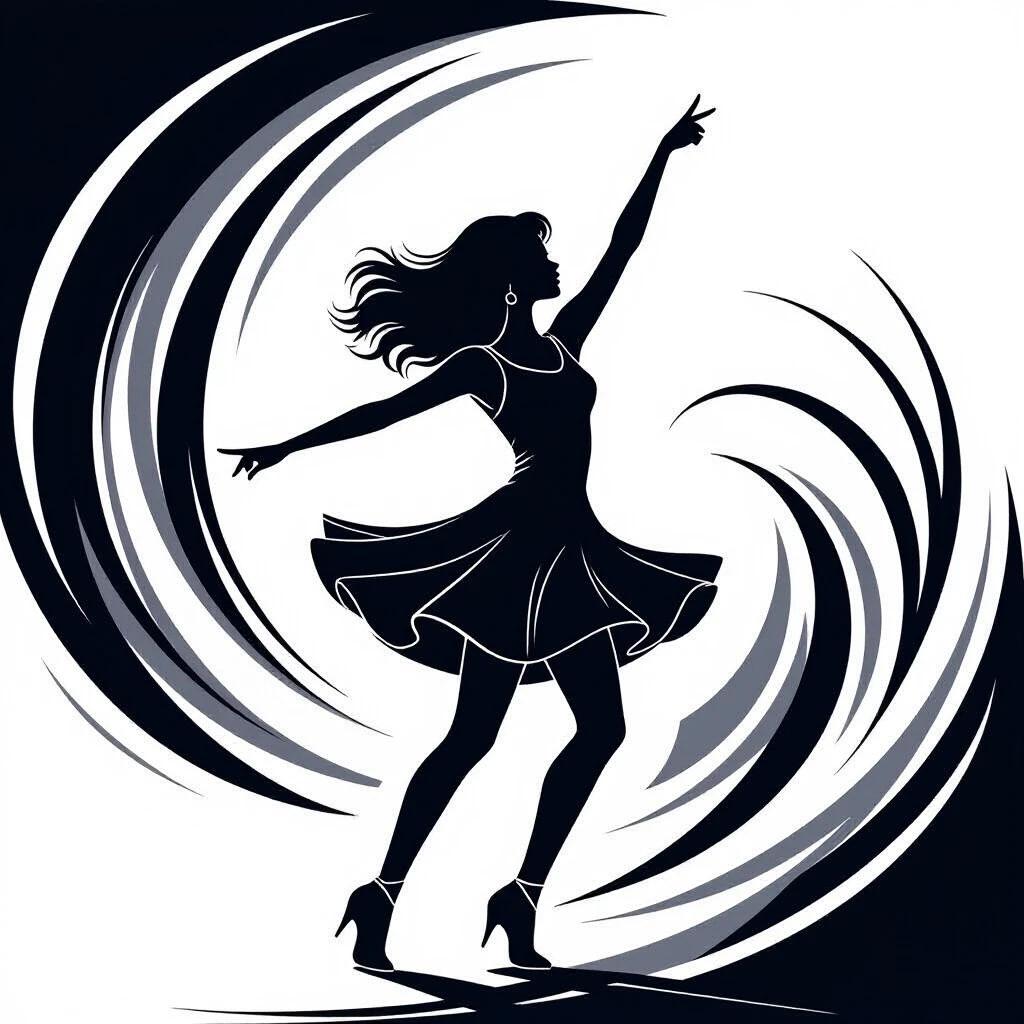 Minimalist black-and-white line drawing of a girl dancing in discotheque style. Clean continuous black lines on solid white background. Captures dynamic energetic pose with arms raised and a hip swing's movement. Lines are fluid and ultra-simple focusing on silhouette's motion with no details or shading.