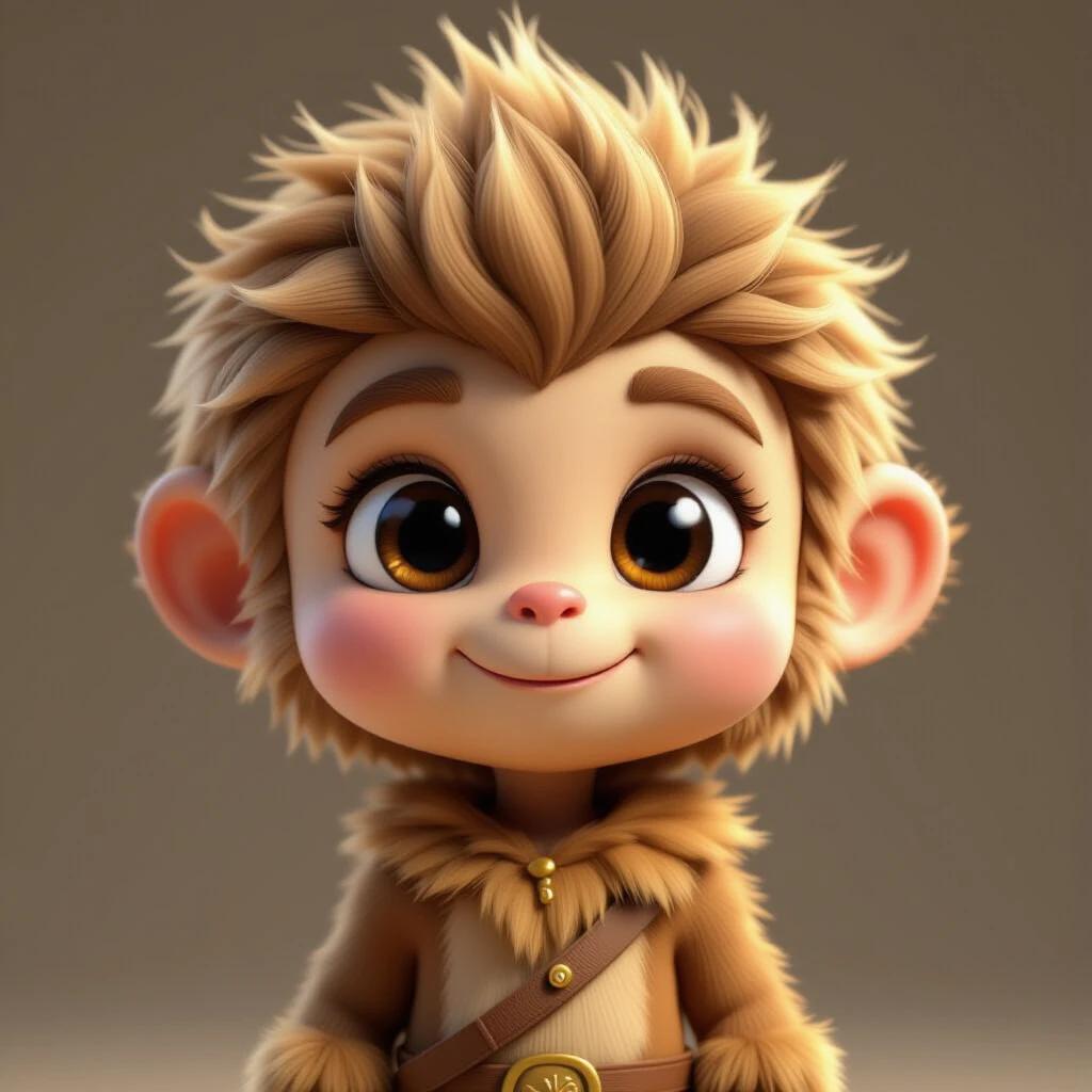 3D cartoon character with golden fluffy hair playful expression round friendly face and bright clear eyes small nose fluffy outfit