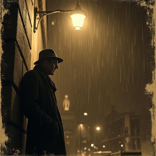 Gritty detective leans against streetlight in the rain. Looks up at woman's silhouette in window on the second floor. Image designed in aged sepia tone with film grain.