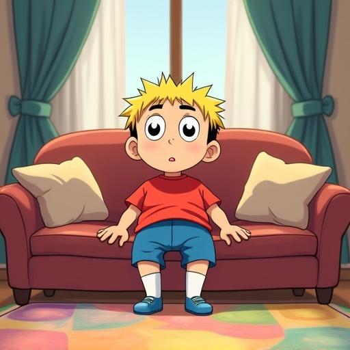 Anime style living room scene with a young boy on a sofa. Boy has short golden hair, thick eyebrows, and round face. He wears red shirt and blue shorts. Boy looks focused while watching TV.