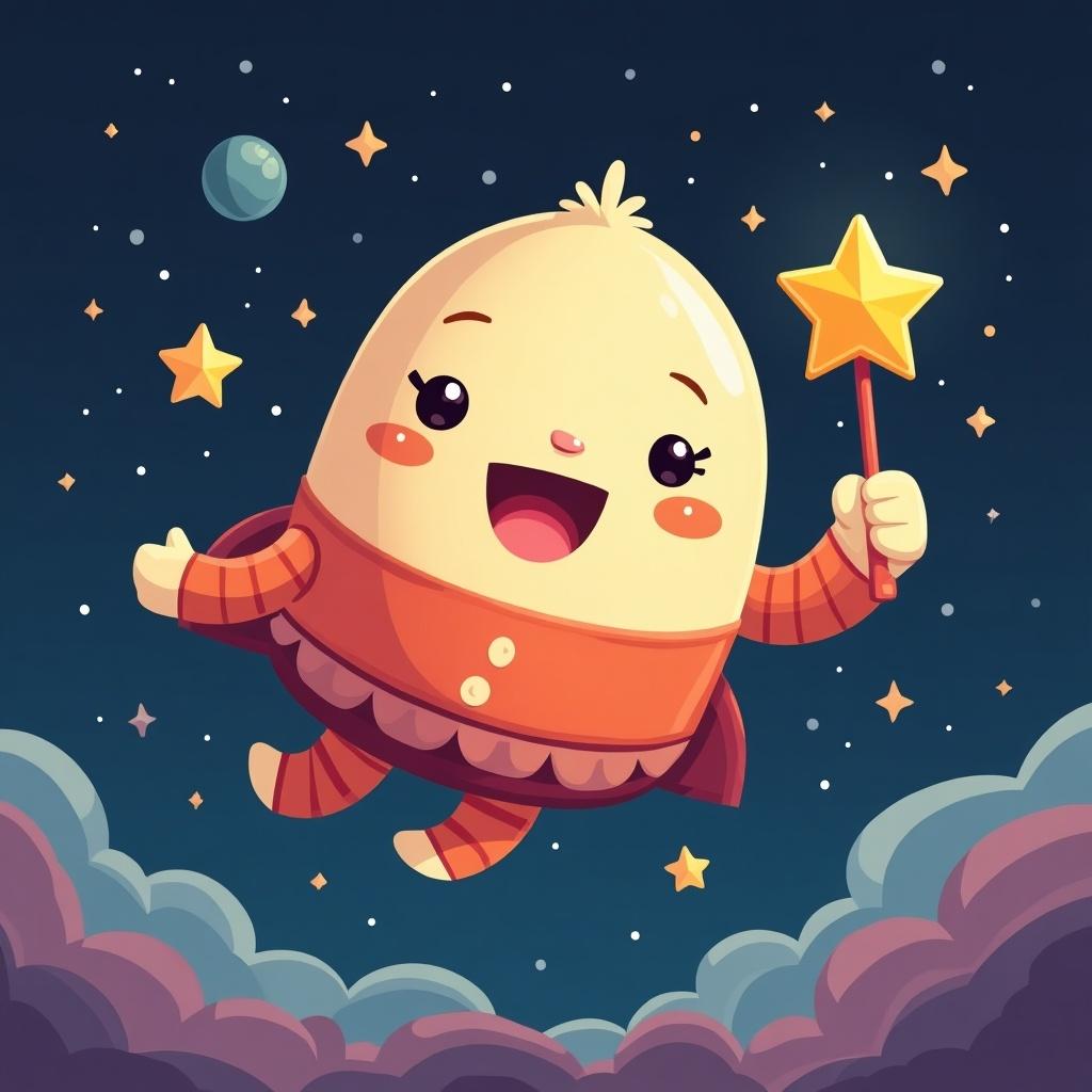 Cartoon character of a cute figure in space. Character holds a star and wears playful clothing. Surrounded by stars and geometric shapes. The expression is cheerful.