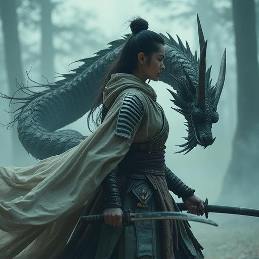 Samurai warrior woman with flowing silk kimono holds swords. Ethereal dragon coils around her. Foggy forest background with dramatic lighting. Intense expression ready for battle.