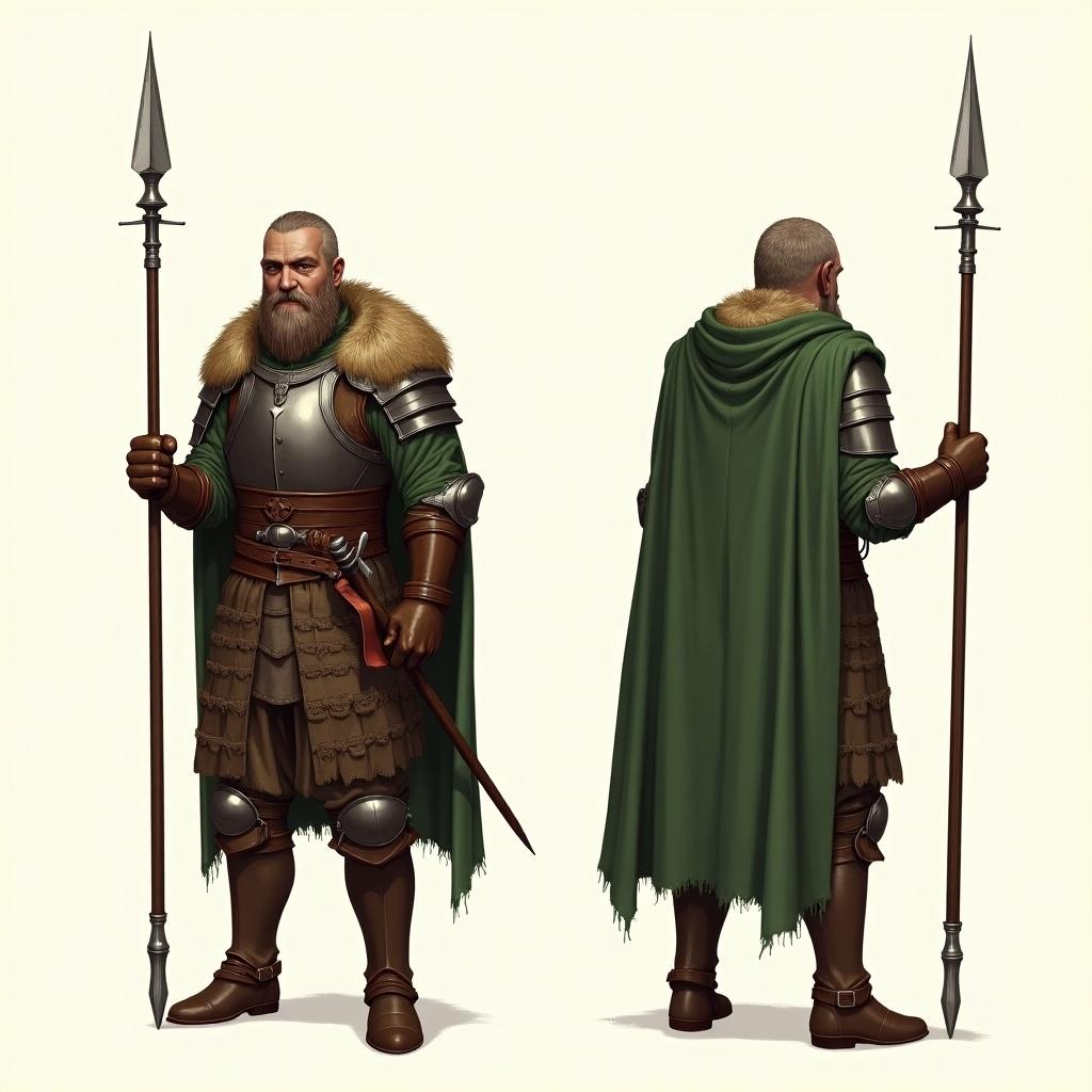 Digital illustration of a fantasy warrior in armor. Knight shown in front and back views. Holding a spear in readiness. Armor is leather and brown fur. Green cloak flows from shoulders. Neutral background highlights details.