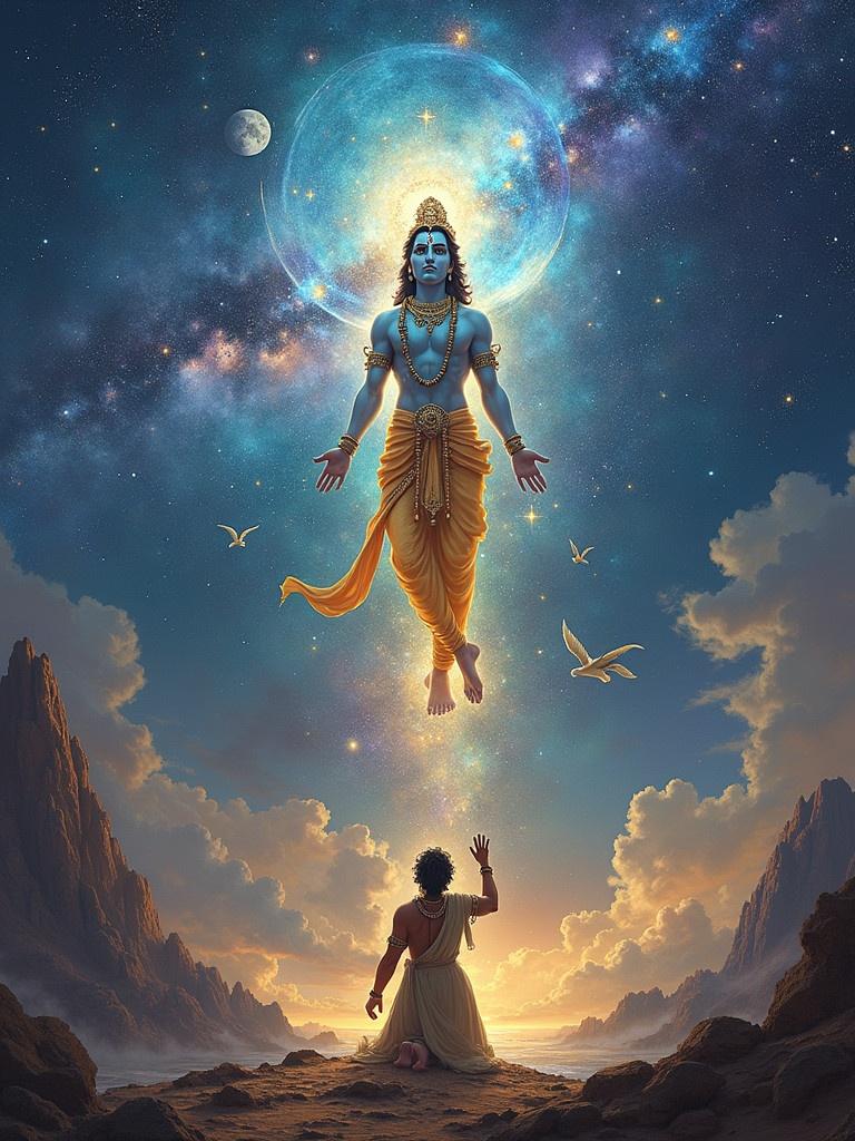 Krishna reveals divine form to Arjun in a cosmic setting. Arjun kneels with admiration. Surrounded by galaxies and stars. Celestial beings present in the background.