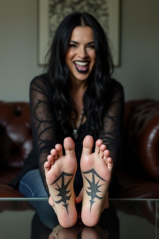 A mature goth woman with long black hair and black lips shows her tattooed soles of bare feet. She sits on a couch with her feet on a glass table. She is smiling.