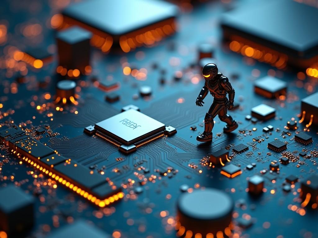 A mini astronaut traverses a glowing circuit board, blending the realms of technology and exploration. The image captures a small figurine dressed as an astronaut walking across the intricate pathways of the motherboard, which is illuminated with orange and blue LED lights, creating a futuristic ambiance.