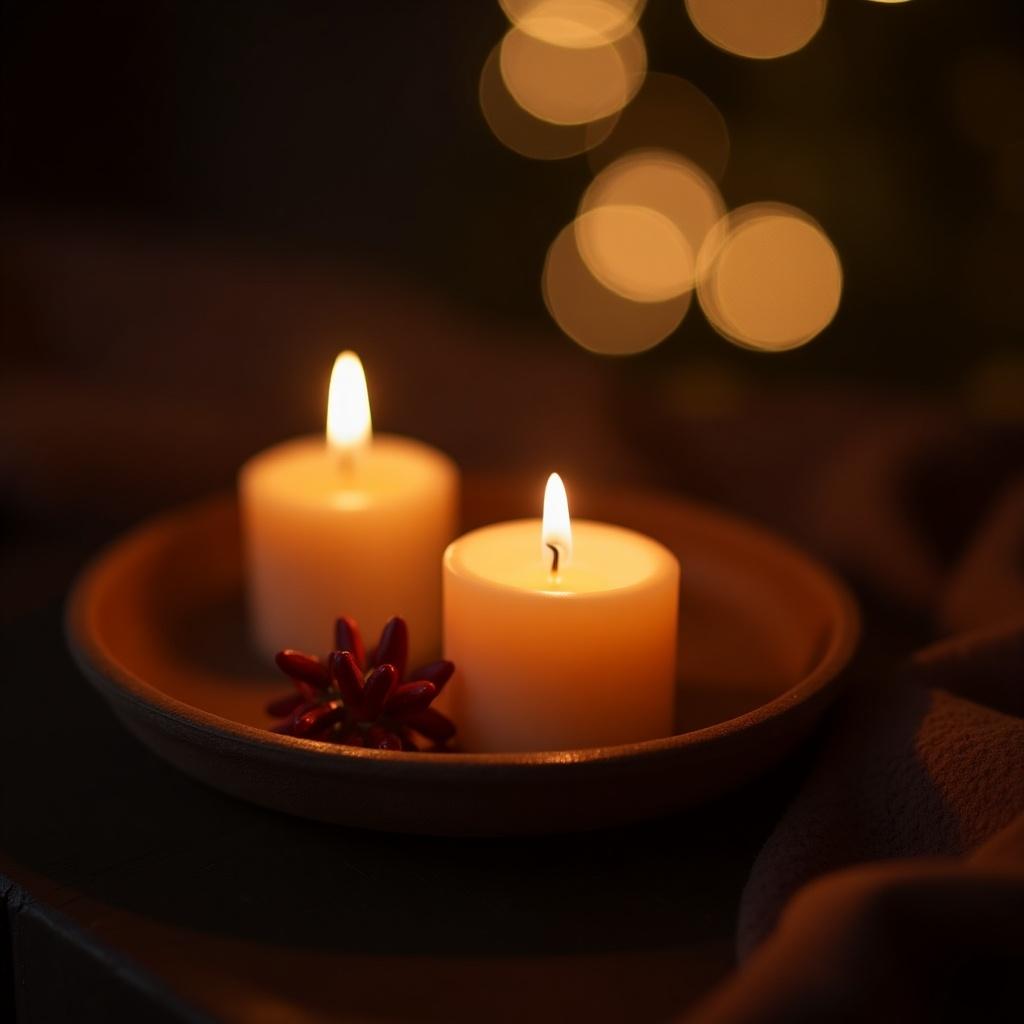 Soft glowing candles in a simple ceramic dish. Background lights create a warm atmosphere. Cozy and relaxing setting for winter solstice.