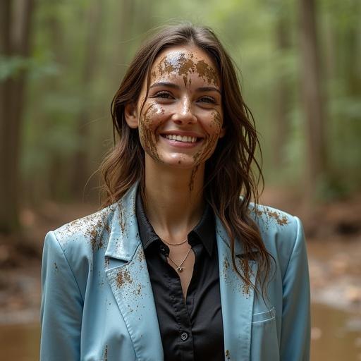 Photography of a woman covered with mud. She wears a light blue satin business suit, a black satin shirt, and light blue satin leggings. She has a pleasant smile, and mud splatters on her hair. She plays in a swamp in a forest. The lighting is bright and natural. The composition focuses on her and the mud, with trees in the background.