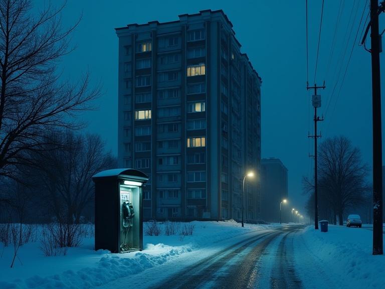 A snowy street with a phone booth beside a twelve-story apartment building. Most windows are dark, only one window is lit on the twelfth floor. The scene captures the essence of winter in blue twilight, with no cars or people around. Wind and snow are present in the atmosphere.