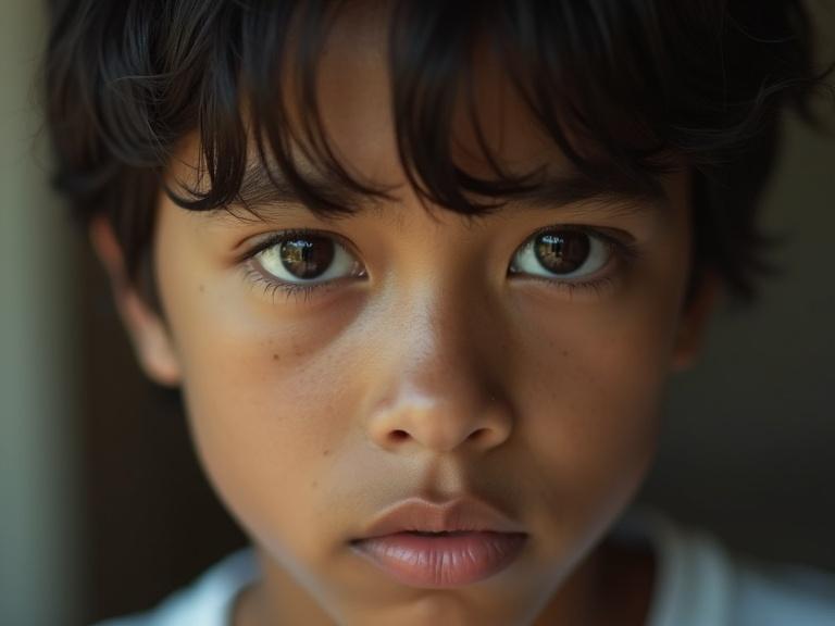 Close-up portrait highlighting the resilience and inner strength of a young person. Eyes convey determination with soft dramatic lighting against a neutral background. The image has a cinematic style with sharp focus on the eyes and a minimalistic aesthetic.
