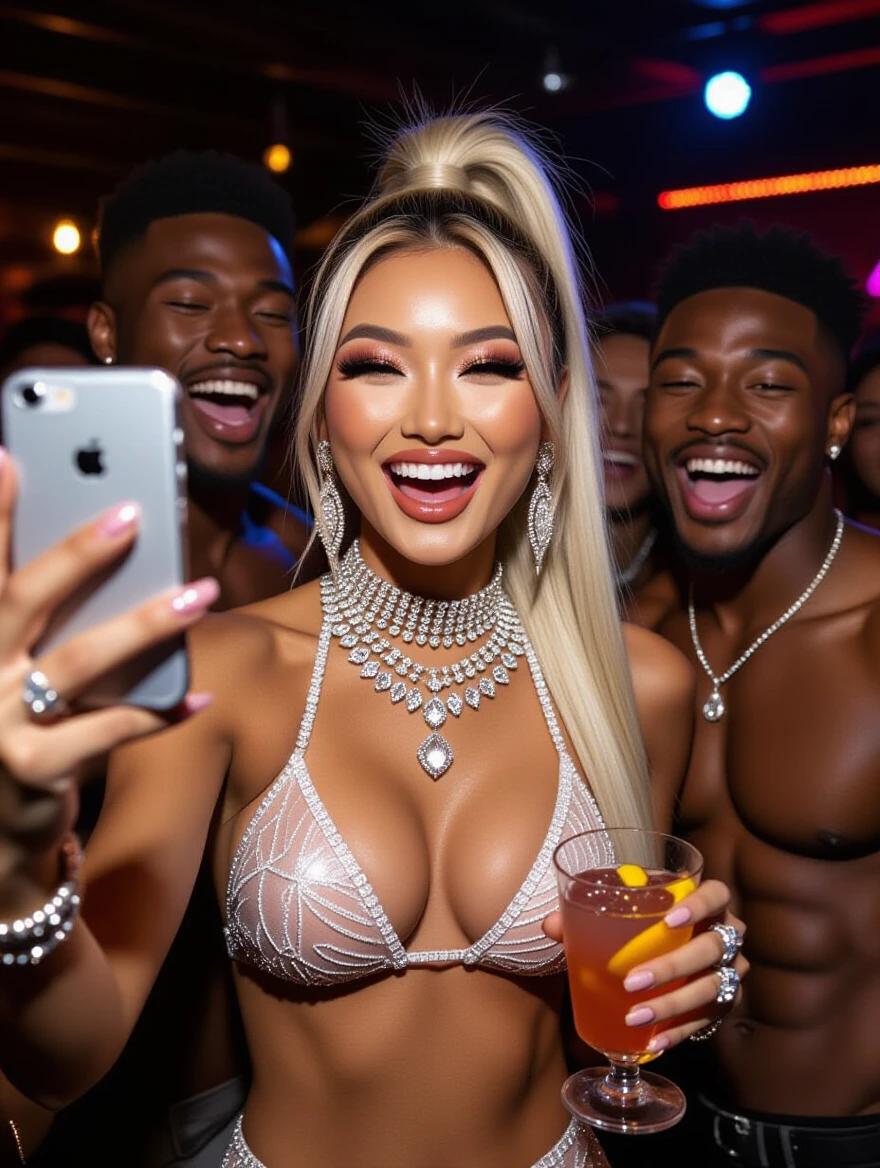 Hot model in edgy bikini. Long blonde ponytail. Heavy crystal jewelry. Bright makeup. Smiling and excited. Dancing in nightclub. Enjoying cocktail. Taking selfie with friends.