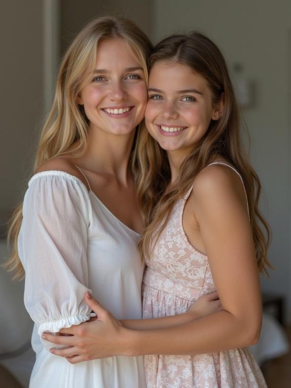 Two women embrace in an intimate family moment. Soft natural light captures the emotional connection. The scene is relaxed and warm under soft colors. Background is blurred and simplistic.