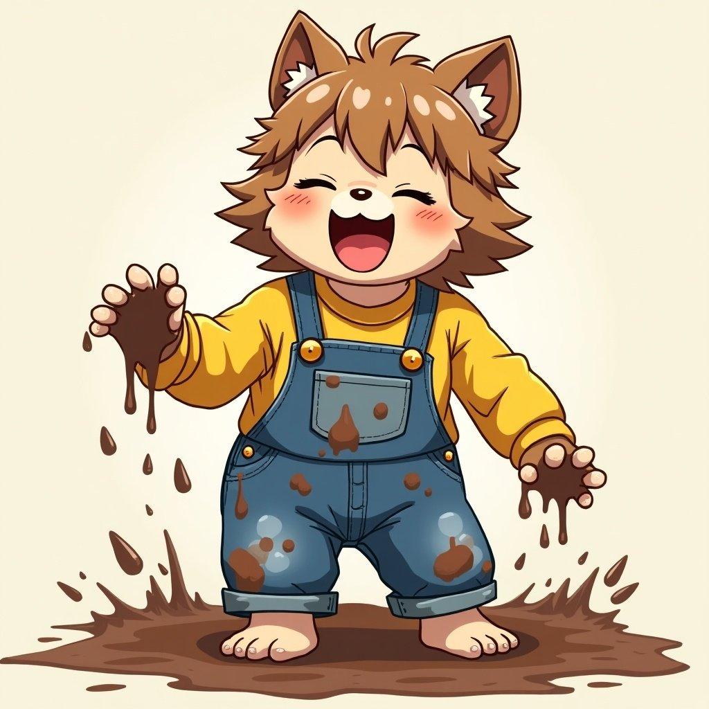 A cute furry character resembling an anime girl plays joyfully in the mud. She wears blue denim overalls and a yellow sweater, both stained with food and paint. Her bare feet are muddy, and she is grinning with her tongue sticking out playfully. The character is soaked and has splashes of mud around her, illustrating a fun, carefree moment. The overall atmosphere is bright and cheerful, evoking a sense of childhood joy.