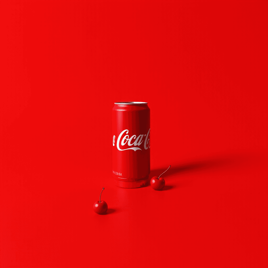 A red soda can and two cherries on a red surface.