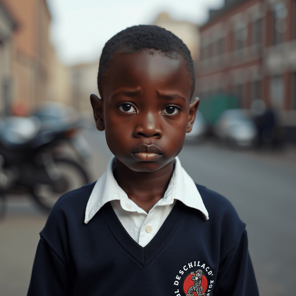 A young boy stands solemnly in a city street, wearing a navy school sweater with a crest.