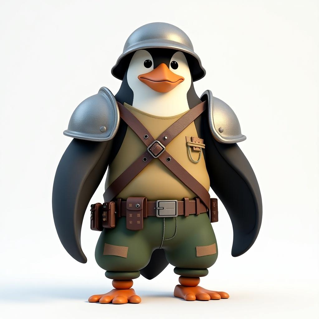 Create a 3D cartoon-style scavenger soldier penguin that features a humanoid body with clear arm and leg definitions. The character is in a T-pose and has a determined expression, wearing makeshift military gear including worn-out combat pants and a basic shirt. DIY armor pieces made of mismatched scrap metal adorn it, and it wears a cooking pot as a helmet, slightly tilted. It has a simple utility belt composed of rope or old leather, with the uniform showcasing weathered colors like rusty metals and faded greens. The overall aesthetic should maintain a fun cartoon vibe while reflecting the resourceful nature of the character.