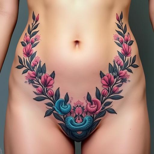 A floral tattoo design with two mirrored garlands of flowers extending from the hips down. The tattoo starts at a previous design on the buttocks, smoothly transitioning toward the abdomen and pubic area. Each line appears organic and flowing. One garland ends with a Clitoria ternatea flower with vivid petals, while the other ends with a stylized snake head facing the flower. The design is feminine and harmonious, balancing snake and flower themes in rich color.