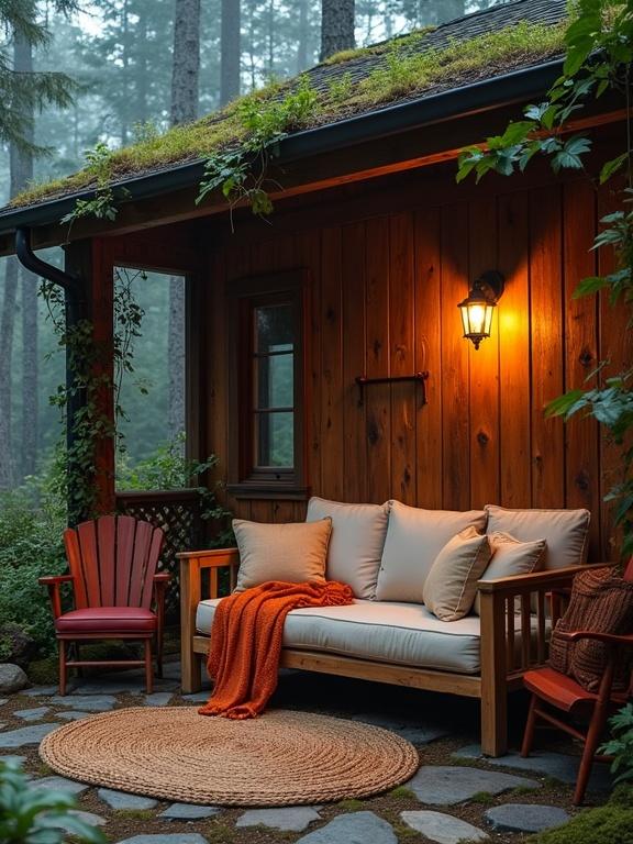 Outdoor seating area beside a rustic wooden cabin in a misty forest. Features a cozy sofa with light beige cushions, orange blanket, red armchair, round woven rug, and a wooden wall with a lamp and a 'Calypso' sign. Surroundings include stone path and tall trees. Atmosphere feels tranquil and inviting.
