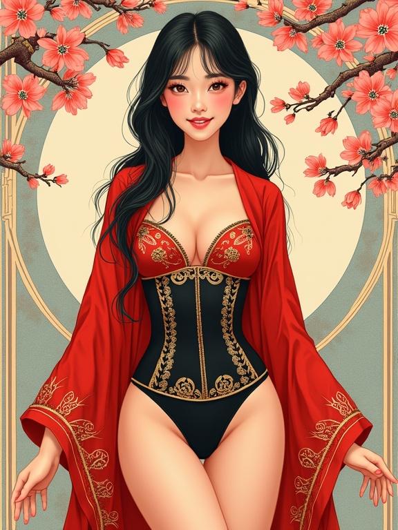 Art Deco-style portrait of a young Asian woman. Full-body in a confident pose. Dark long straight hair and light skin tone. Expressive soft smile. Wears vibrant red intricately embroidered kimono-style top and matching bottoms. Black corset-like waist detail and bikini-style bottom. Gold ornate embroidered details. Cherry blossom branches frame the figure. Pale pastel background with smooth lines. Soft slightly dramatic lighting. Detailed fabric texture and hair. Centered composition. Warm inviting and serene mood.