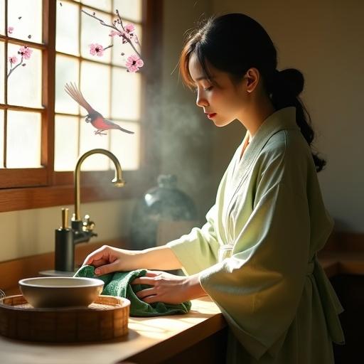 A young Japanese woman in a yukata cleans a sunlit wooden sink in a traditional kitchen. Soft sunlight filters through shoji windows casting shadows on wood. She uses a green microfiber cloth on ceramic basins. Outside, birds perch on cherry branches. Warm lighting creates a tranquil nostalgic mood.