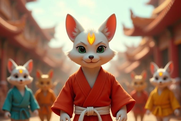 An ultra-HD 4K cinematic scene features Kittuu with white fur and emerald-green eyes standing confidently. He wears a light red karate gi with a white belt. Kittuu has a golden flame-shaped forehead mark. Surrounding Kittuu are animals in colorful attire, foxes and rabbits, who are pointing and laughing in a lively market square under a bright noon sun.