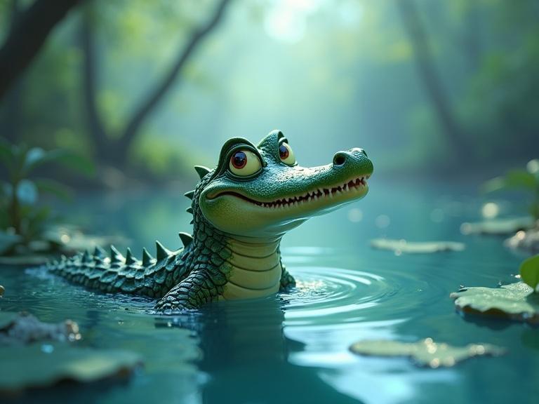 Supercute crocodile design emerging from water. Focus on vibrant blues and greens. Emphasize storybook fantasy style with ornate details. Create a charming atmosphere.