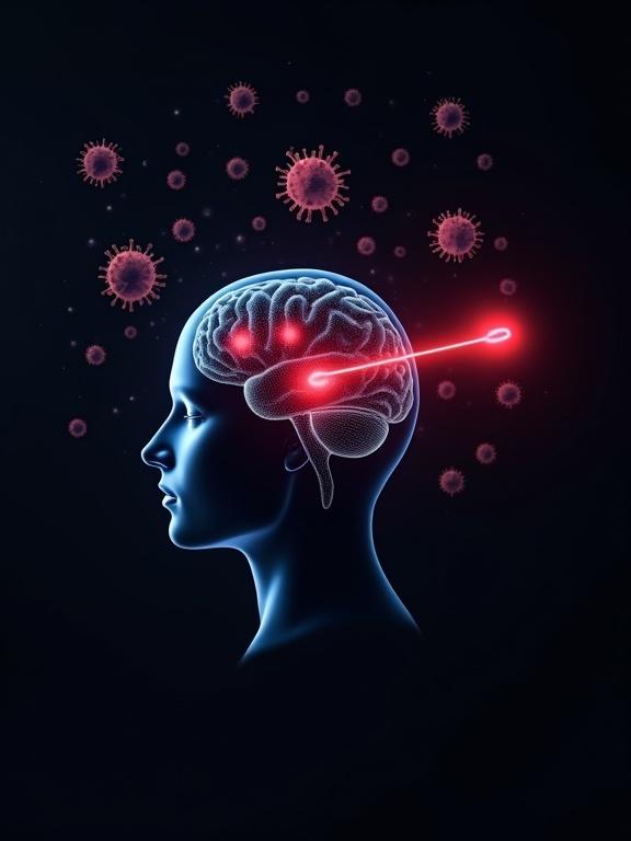 Minimalist image of a human brain shows digital representation. Bright red areas indicate activity. Oval-shaped red object approaches the brain with laser intensity. Dark background creates contrast. Scattered virus representations emphasize science theme.
