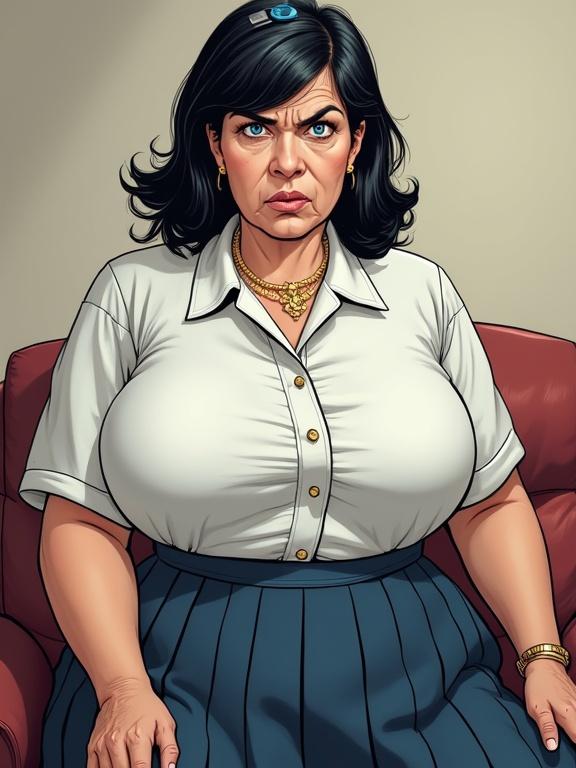 Full body portrait of a mature woman sitting on an office couch. She has dark shoulder-length hair and blue eyes. The woman has a fair skin tone with some visible wrinkles. Her wide body features an extra wide bust, wide waist, and pleated skirt. She wears a strained blouse and gold jewelry. The expression is nervous and the posture appears awkward. Background is an office environment.