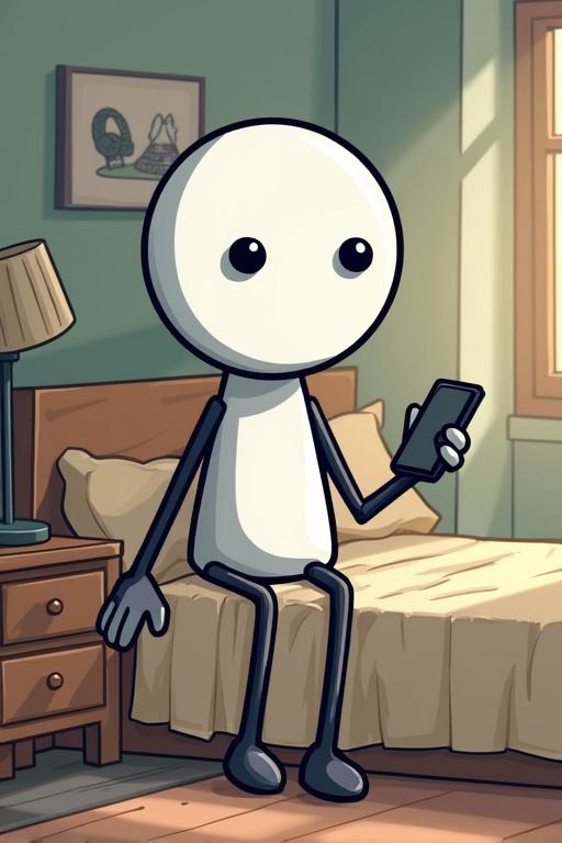 Stickman character with a big head sitting on his bed. Character holds a phone in one hand. Background shows a cozy bedroom with a lamp and window.
