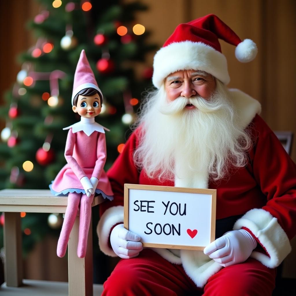 Scene with Santa Claus and a pink and blue elf holding a sign. The elf sits beside Santa who is showing a sign saying 'SEE YOU SOON'. Christmas tree in the background adds festive touch.