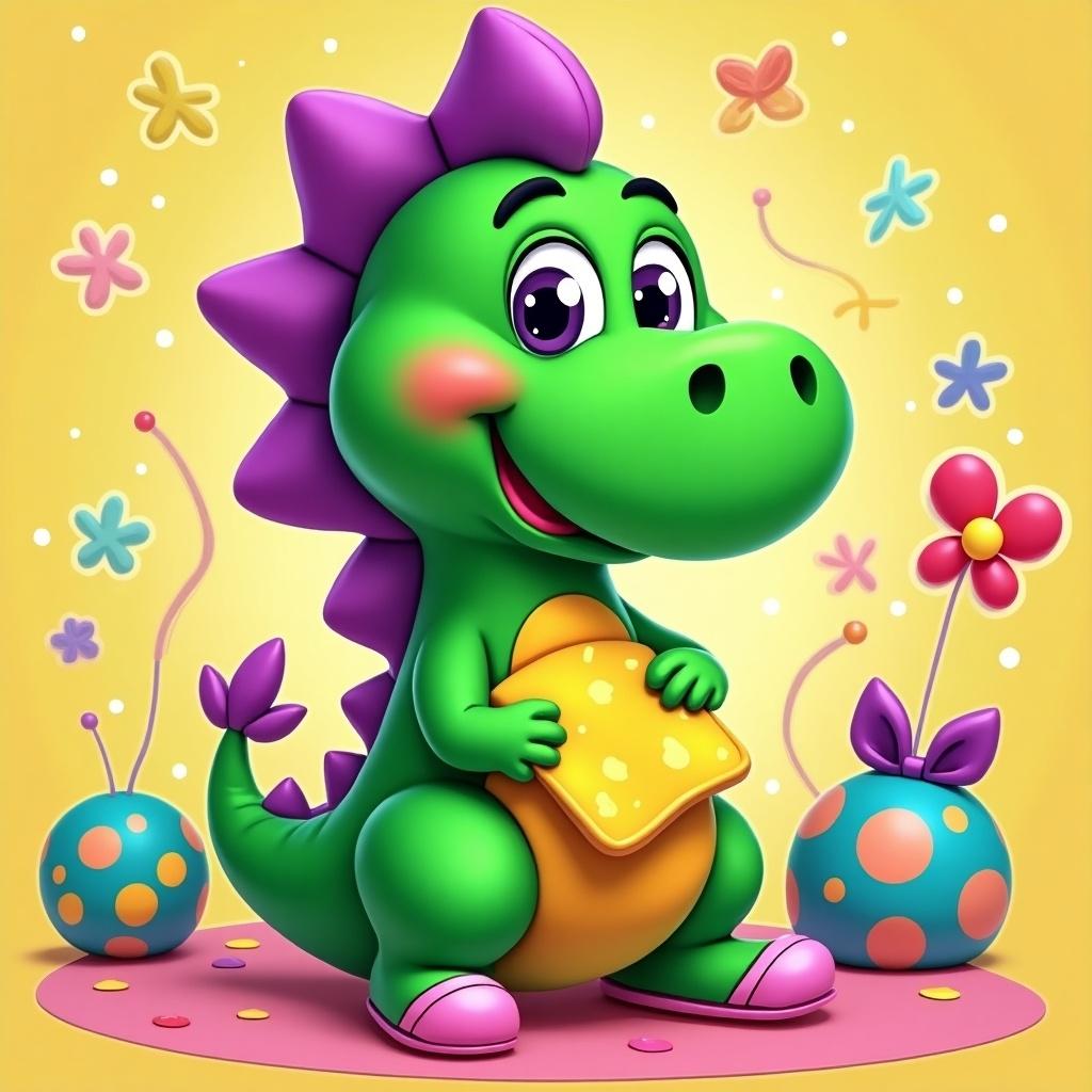 Colorful cartoon baby dinosaur character with purple spikes sits on a circular pink area surrounded by flowers and decorative balls.