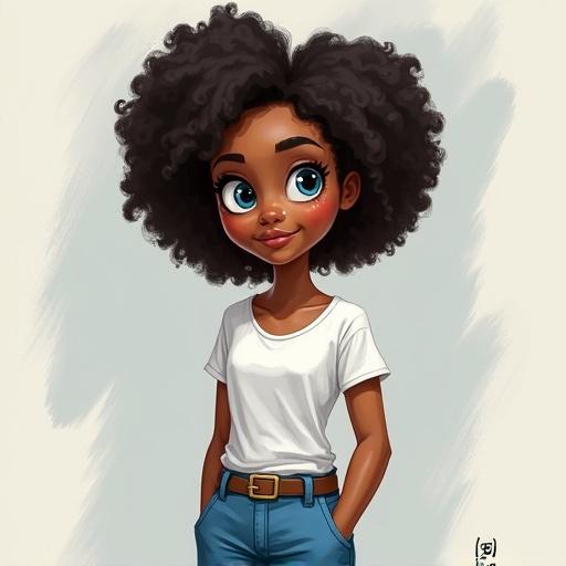 A girl with blue eyes and curly hair. She wears a white t-shirt and blue jeans. The art style is reminiscent of Pixar. The girl has a cheerful expression and light skin.