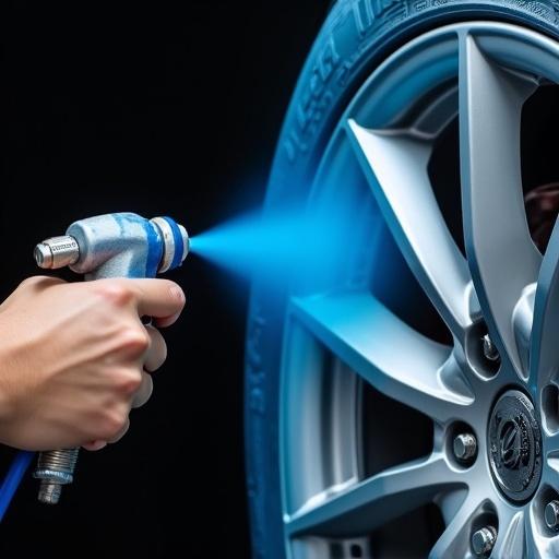 Close-up view of hand holding paint sprayer. Blue coating applied to silver car wheel. Fine mist of blue paint visible. Black background. Precision and industrial manufacturing impression.