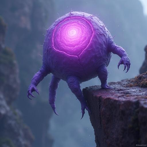 Purple glowing core creature with stone-like texture loses balance at the edge and begins to fall. One leg lifts slightly as it pitches forward.