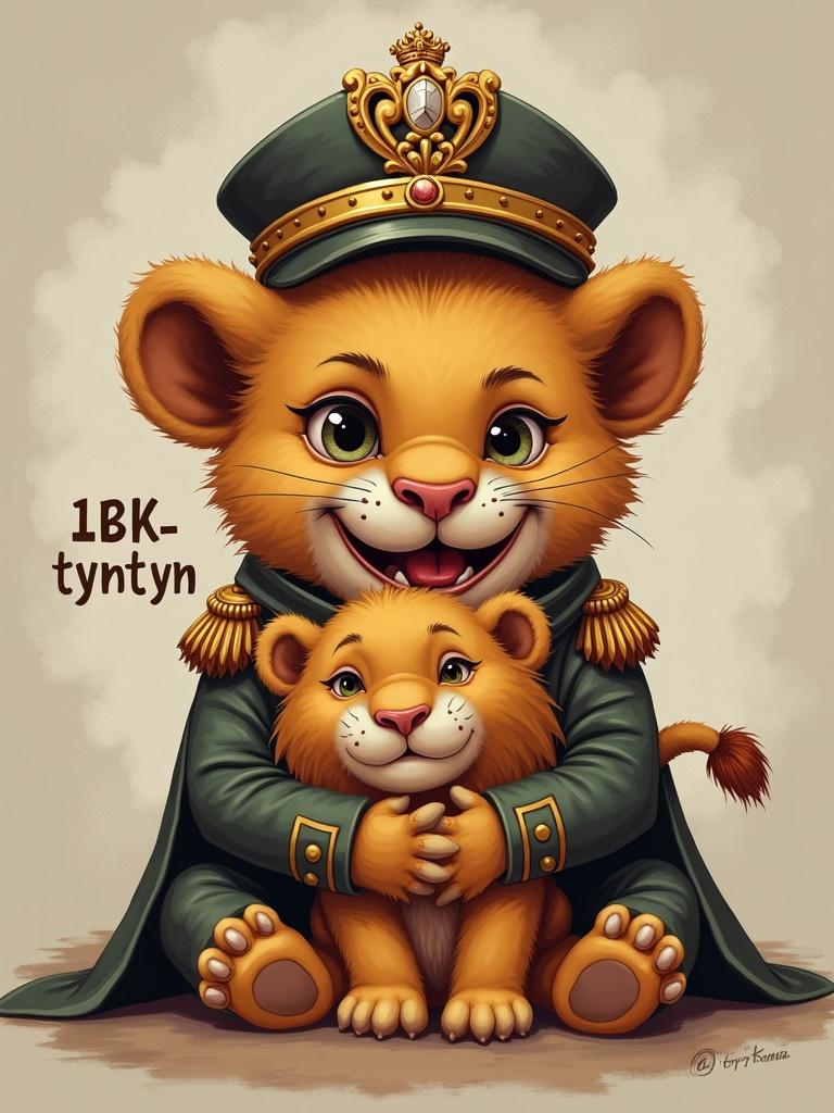 Baby lion wears a crown and army uniform. The lion cuddles another lion. The words '1BK-tyntyn' are in the middle.