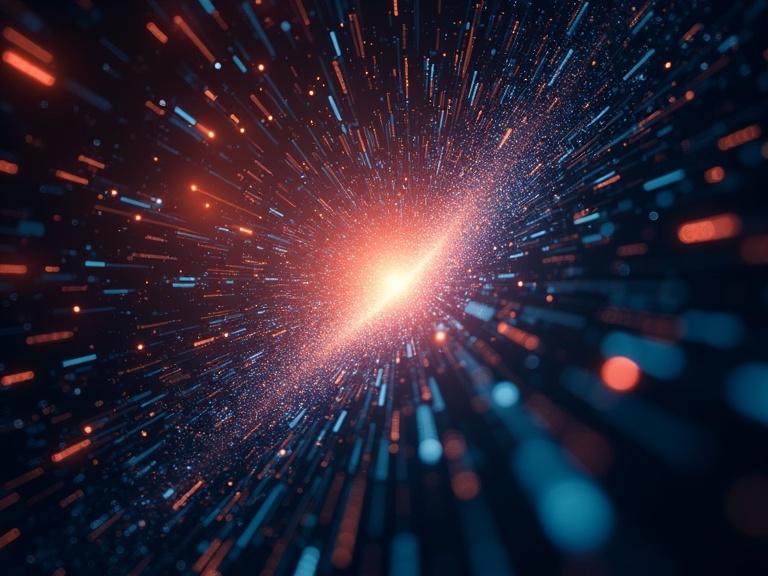 Digital vortex of binary code and glowing particles with dynamic depth and vibrant colors