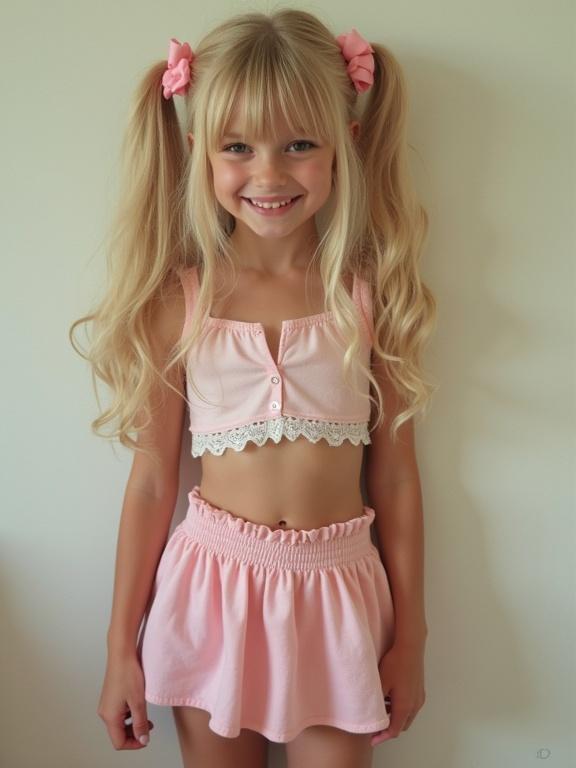 Young girl wears a pale pink crop top and micro-skirt. She has long blonde hair styled in twin tails with pink bows. Short skirt showcases slim waist. Thigh-high socks with lace detail. Simple black shoes.